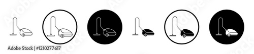 Vacuum cleaner icon set in black filled and stroke line style.