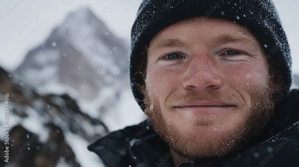 Man on Mount Everest – Snowing with a Clear View of His Face Man on Mount Everest – Snowing with a Clear View of His Face