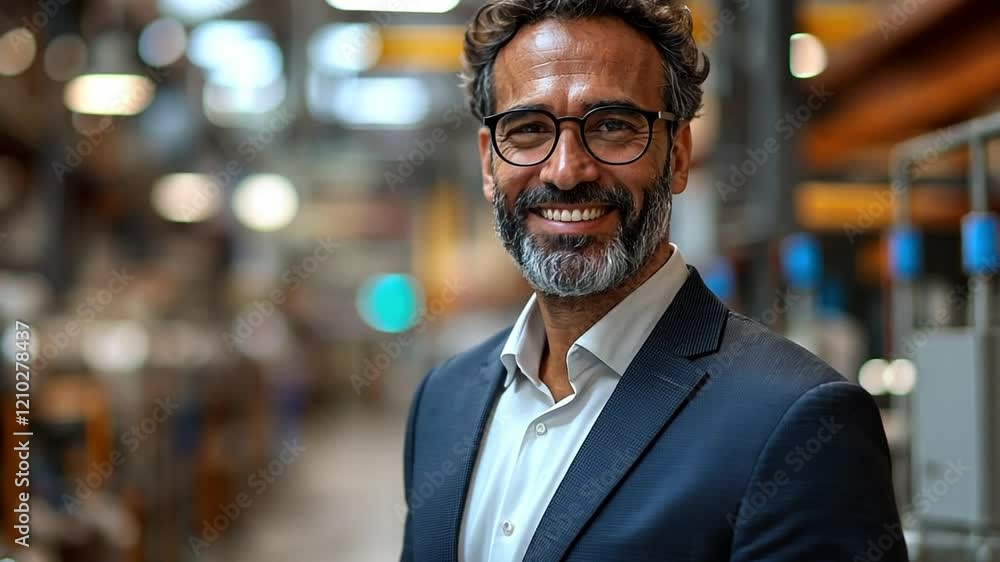 The Visionary Leader: A seasoned businessman with a warm smile and stylish glasses stands confidently in a modern industrial setting, radiating expertise and approachability. The Visionary Leader: A seasoned businessman with a warm smile and stylish glasses stands confidently in a modern industrial setting, radiating expertise and approachability.