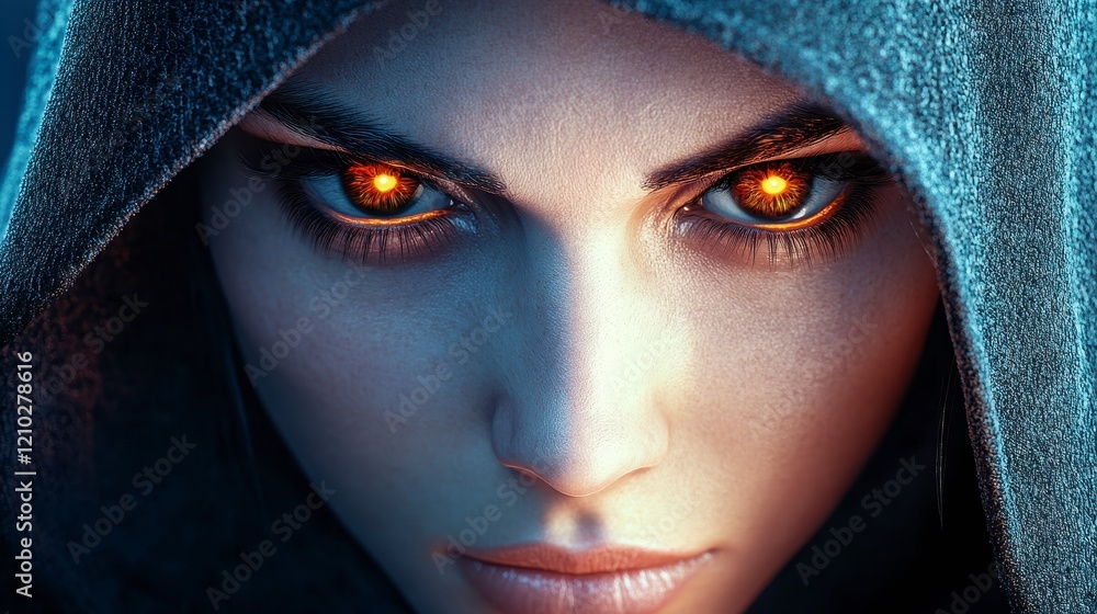 Mysterious Portrait of Woman with Fiery Eyes in Dark Hooded Cloak Mysterious Portrait of Woman with Fiery Eyes in Dark Hooded Cloak