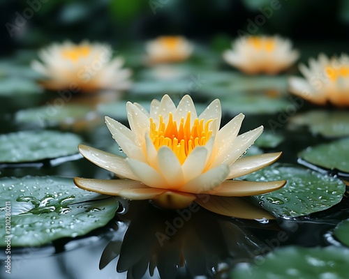 Pale yellow water lily in pond. photo