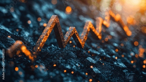 Glowing metal chart on dark terrain with sunset backdrop, data visualization photo