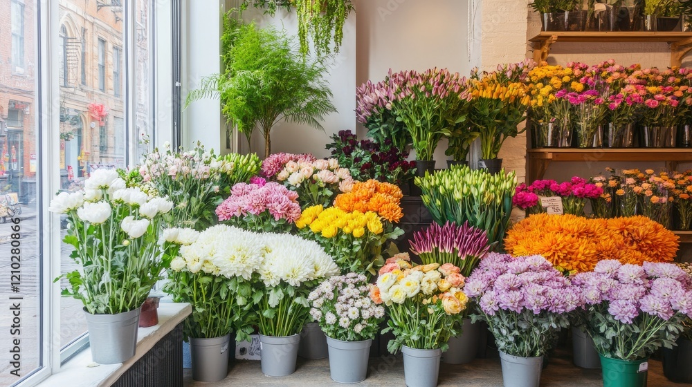 Fototapeta premium A large bouquet of fresh chrysanthemums in vibrant tones, displayed in a bright and inviting flower shop.