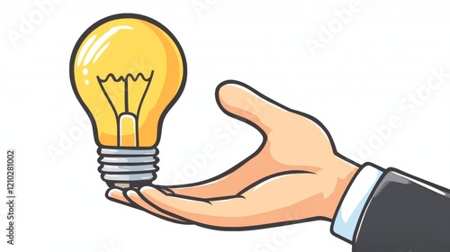 Hand take lightbulb line art vector icon with editable stroke. Outline symbol of idea. Inspiration pictogram made of thin stroke. Isolated on background.