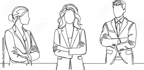 continuous single line drawing of businesswomen and businessman standing together arms crossed, line art vector illustration