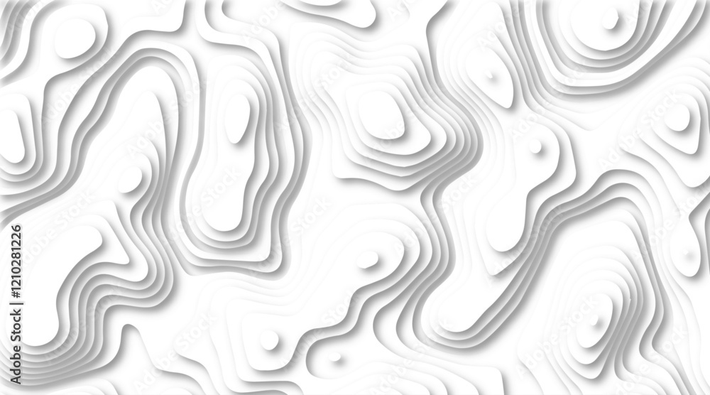 Abstract 3d wavy line paper cut white background. Topographic canyon geometric map relief texture with curved layers and shadow. Abstract 3d wavy line paper cut white background. Topographic canyon geometric map relief texture with curved layers and shadow.