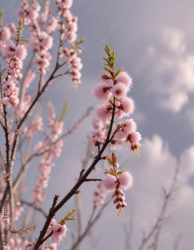 blooming catkins against a soft pinkish-gray sky , garden, flowers, botanical blooming catkins against a soft pinkish-gray sky , garden, flowers, botanical