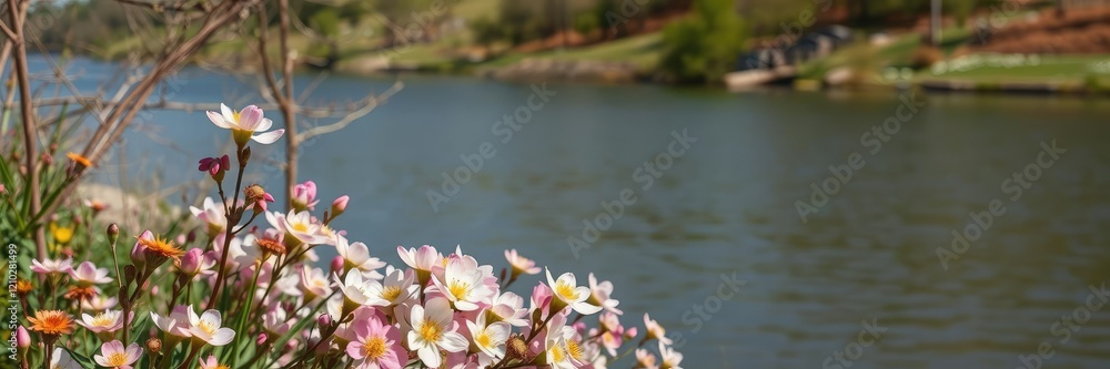 Fototapeta premium blooming flowers and greenery by the Missouri River in early spring, trees, river stones