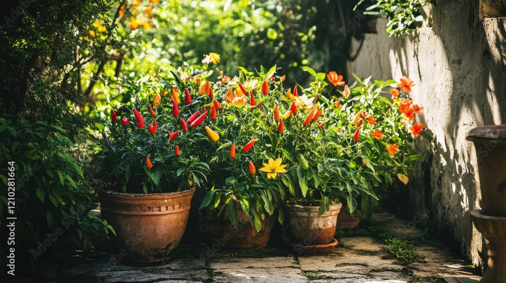 A mix of colorful chili pepper plants thriving in a small, rustic home garden with terracotta pots. A mix of colorful chili pepper plants thriving in a small, rustic home garden with terracotta pots.