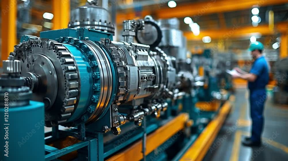 Industrial Precision: A modern factory setting showcases a complex machine, with an engineer in the background, observing the manufacturing process. Industrial Precision: A modern factory setting showcases a complex machine, with an engineer in the background, observing the manufacturing process.