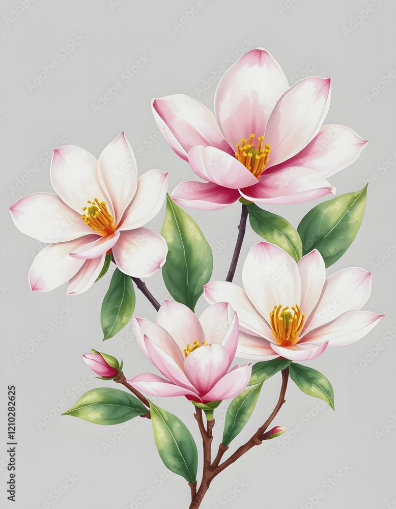 set magnolias flowers, isolated transparent background, watercolor illustration, hand drawing painting. Flora design, spring clipart, pop-art, with white tones set magnolias flowers, isolated transparent background, watercolor illustration, hand drawing painting. Flora design, spring clipart, pop-art, with white tones