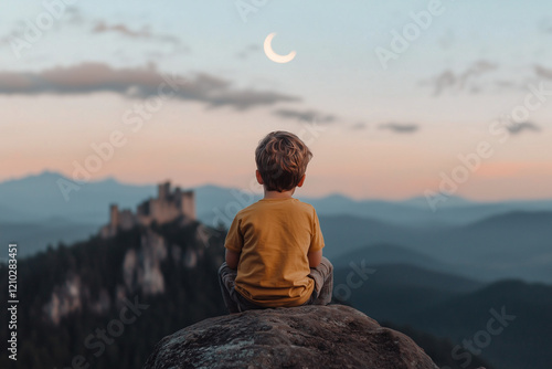 A young boy sitting on a rock, gazing at a distant castle during a scenic sunset, surrounded by mountains and a crescent moon in the sky photo