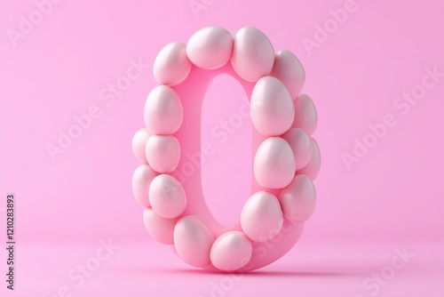 The image is a close up of the number zero made out of pink eggs photo