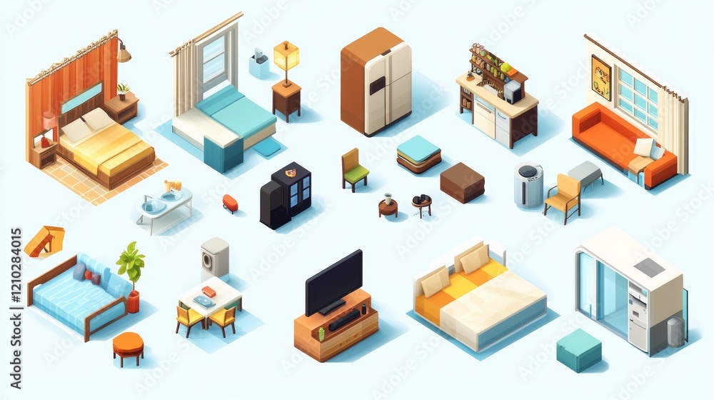 Vector isometric low poly home rooms set. Includes living room, bathroom, kitchen, kids room, garage, bedroom, and other Vector isometric low poly home rooms set. Includes living room, bathroom, kitchen, kids room, garage, bedroom, and other