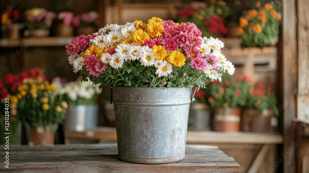 A rustic metal bucket filled with colorful chrysanthemums, placed on a wooden shelf in a flower shop with a softly blurred backdrop.