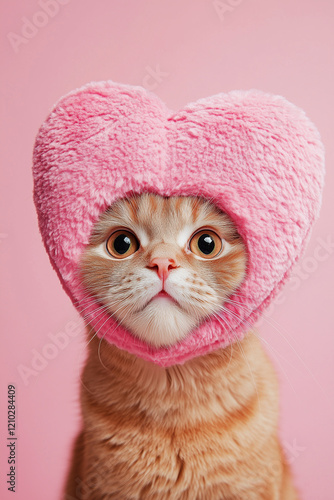 A cute ginger cat wearing a fluffy pink heart-shaped hat, set against a soft pink background