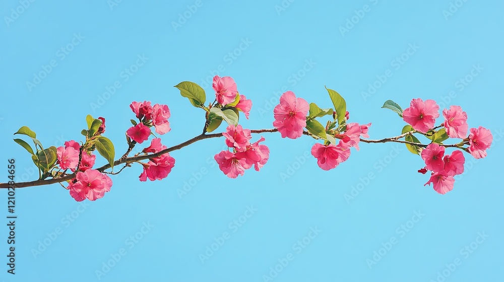A single azalea branch with bright pink flowers, set against a clear blue sky. A single azalea branch with bright pink flowers, set against a clear blue sky.