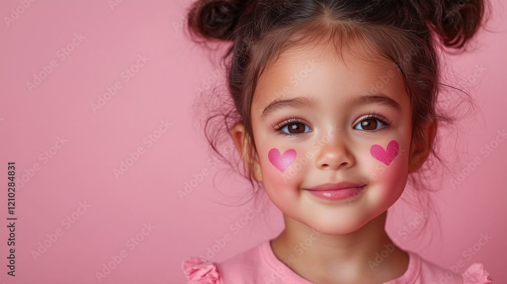 Close-up portrait of a smiling little girl with curly hair and pink heart-shaped makeup on her cheeks, set against a soft pink background Close-up portrait of a smiling little girl with curly hair and pink heart-shaped makeup on her cheeks, set against a soft pink background