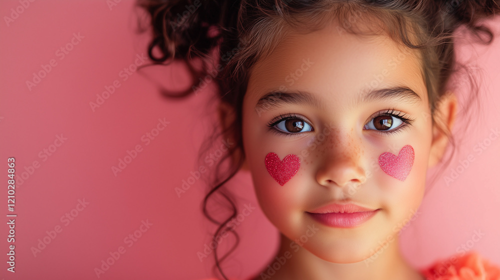 Close-up portrait of a smiling little girl with curly hair and pink heart-shaped makeup on her cheeks, set against a soft pink background Close-up portrait of a smiling little girl with curly hair and pink heart-shaped makeup on her cheeks, set against a soft pink background