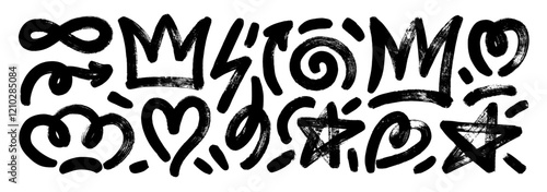 Collection of doodle grunge figures, squiggles and crowns. Funky arrows, heart, star shape and spiral. Punk style elements for collages and hip hop design. Primitive geometric forms set with texture.