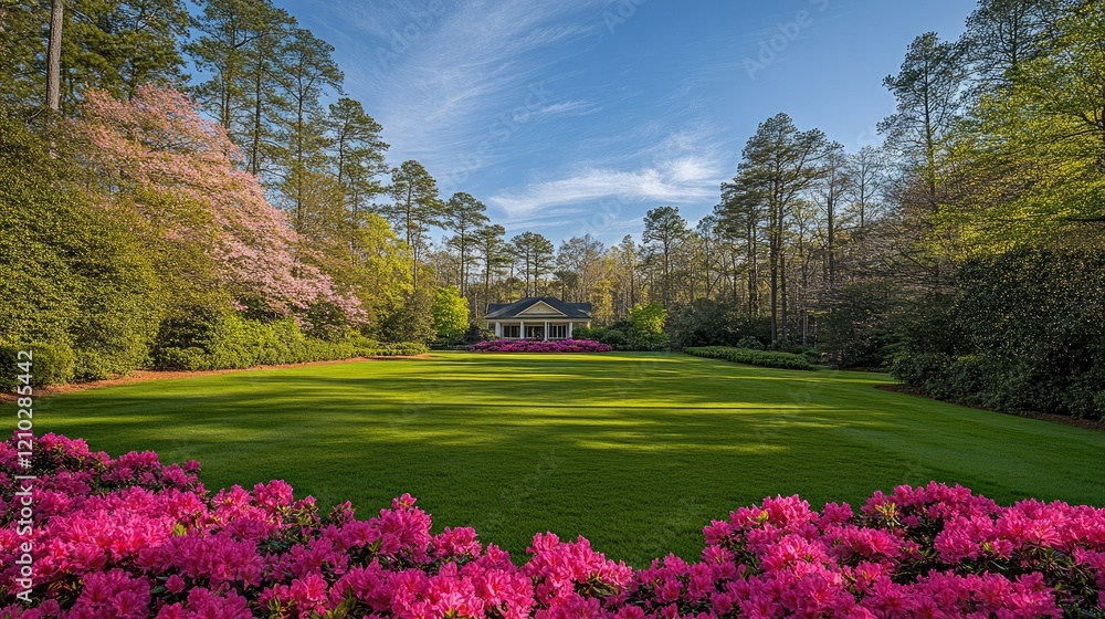 Fototapeta premium A vibrant bed of pink azaleas in full bloom, creating a striking contrast with the green grass.