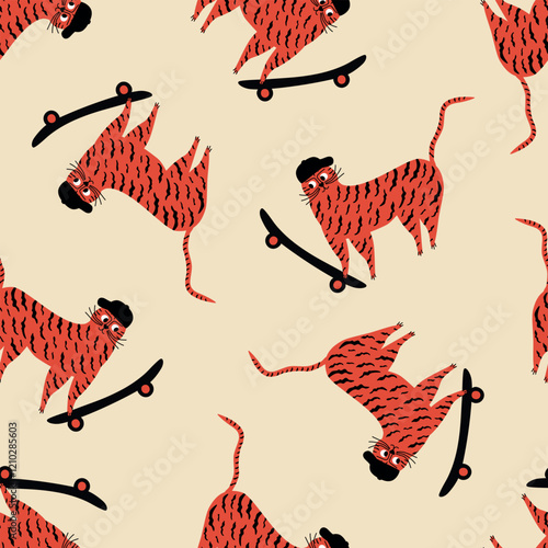 Funny tiger and skateboard hand drawn vector illustration. Cute cat seamless pattern for kids fabric or wallpaper.
