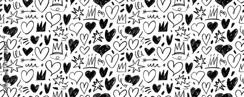 Seamless pattern with cute crayon drawn hearts, stars and crowns. Funky style background.