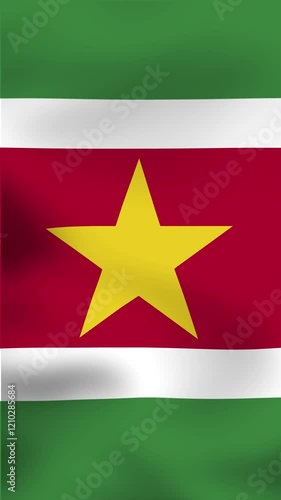 Vertical, portrait video waving national flag of Suriname. Smooth animation with highly detailed, realistic animated background for social media, screens smartphone. Cloth motion, official colors.
