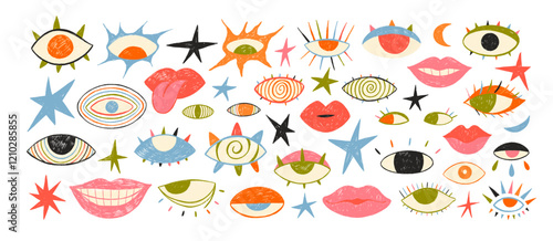 Woman lips and psychedelic eyes drawn by crayon. Vector grunge punk crazy art in girly style for mixed media design. Hand drawn punk crazy vector elements. Doodle icon for collages.