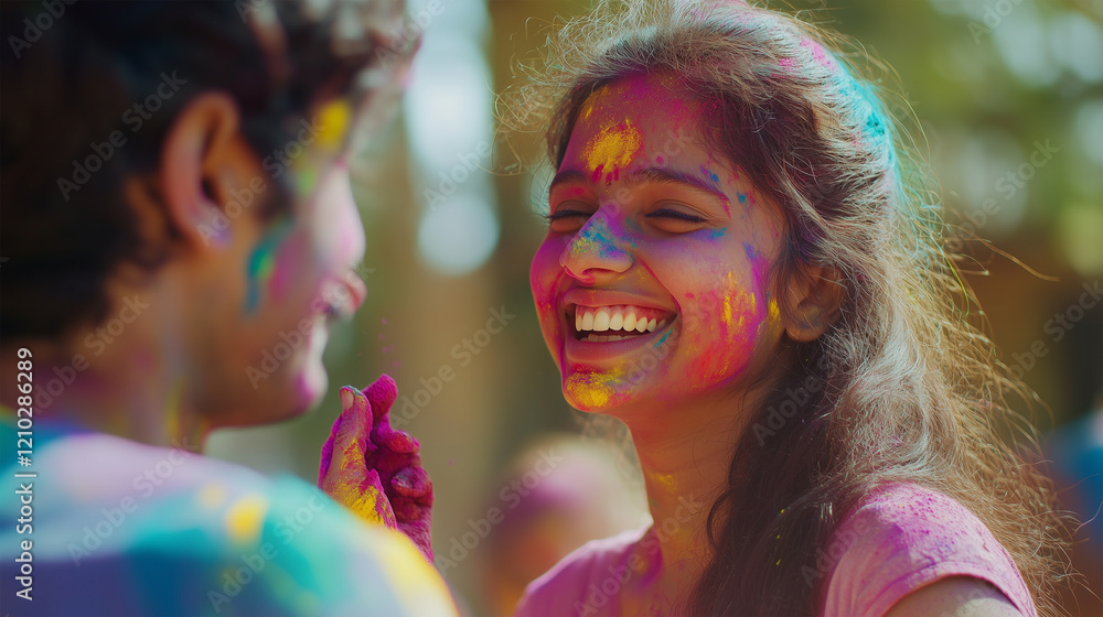 Portrait of girl and boy playing Holi with colors - ai generative Portrait of girl and boy playing Holi with colors - ai generative