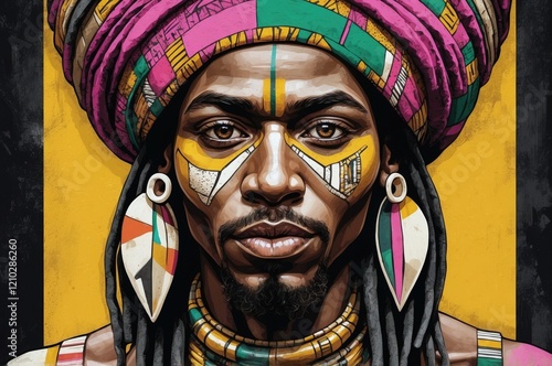 Colorful abstract artistic portrait painting of a black man, african culture and people theme concept texture design illustration.
