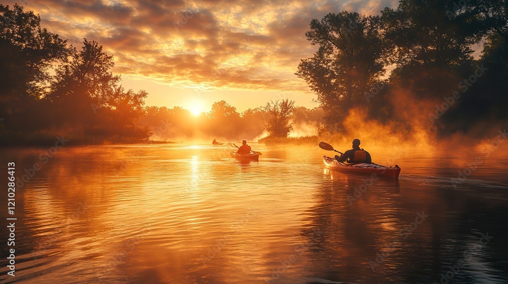 A scenic view of kayakers paddling down a river at sunrise, embracing the beauty of the sport. A scenic view of kayakers paddling down a river at sunrise, embracing the beauty of the sport.