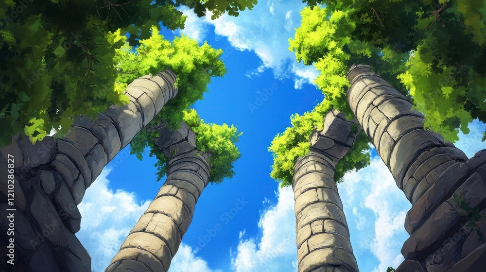 Fototapeta premium Majestic Ancient Columns Surrounded by Lush Greenery and Blue Sky