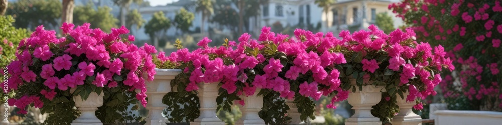 Bougainvillea flower clusters on villa railing, pink, tropical blooms