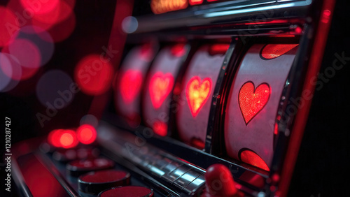 Neon Casino Slot machine with hearts, dark gackground, love game concept. Copy space