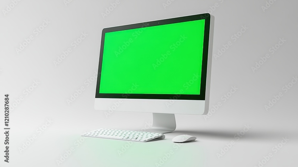 A modern computer setup with a green screen for digital projects. A modern computer setup with a green screen for digital projects.