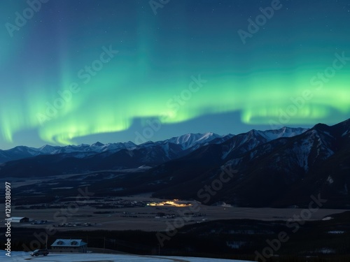 Breathtaking view of Northern Lights over Philipsburg Montana mountains, rural landscape, dawn sky, sunrise photo