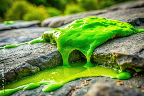 bright green slime oozing from a cracked rock, rock, geological features, chartreuse photo