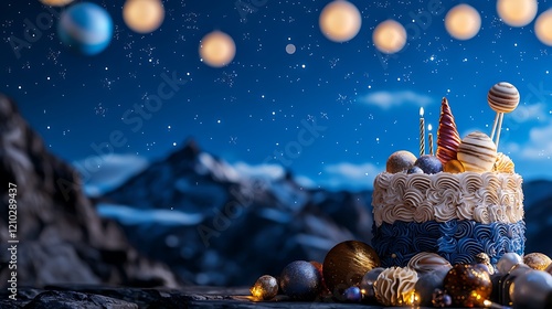 A beautifully decorated birthday cake with colorful toppings, set against a starry night sky with planets photo