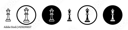 Chess queen icons set in black filled and stroke line style