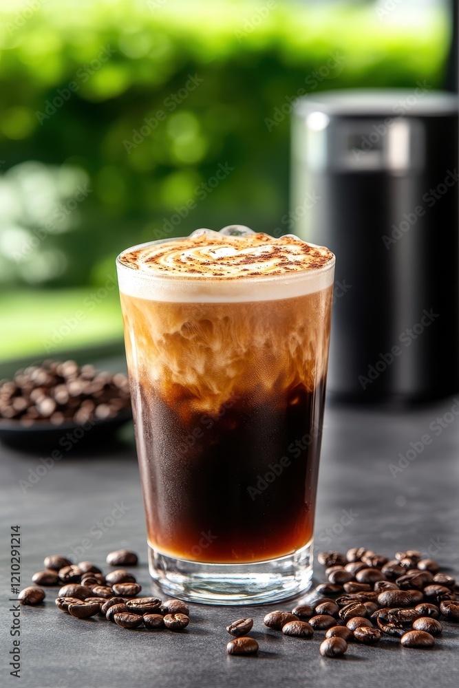 Iced Coffee in Tall Glass with Intricate Latte Art and Coffee Beans Iced Coffee in Tall Glass with Intricate Latte Art and Coffee Beans
