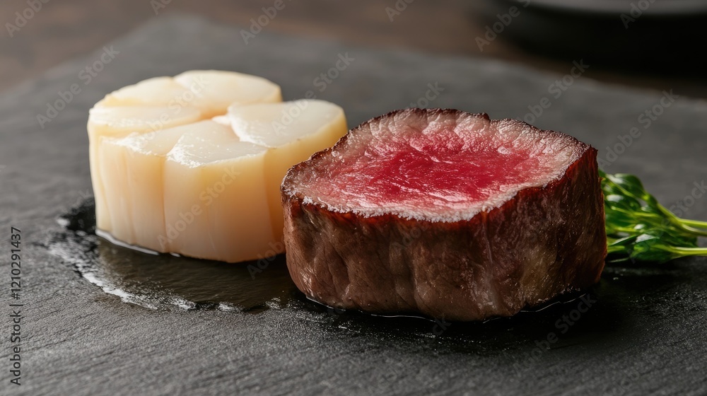 Premium beef slices and fresh scallops grilling on a traditional yakiniku stove, creating a rich, smoky dining experience. Premium beef slices and fresh scallops grilling on a traditional yakiniku stove, creating a rich, smoky dining experience.