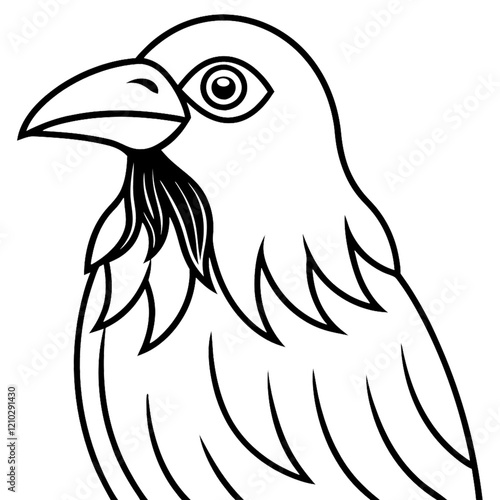 Black and white illustration, stylized raven head, single eye, sharp beak, detailed feathers, minimalist design, graphic art, bold lines, stark contrast, side profile, avian portrait, mythical creatur photo