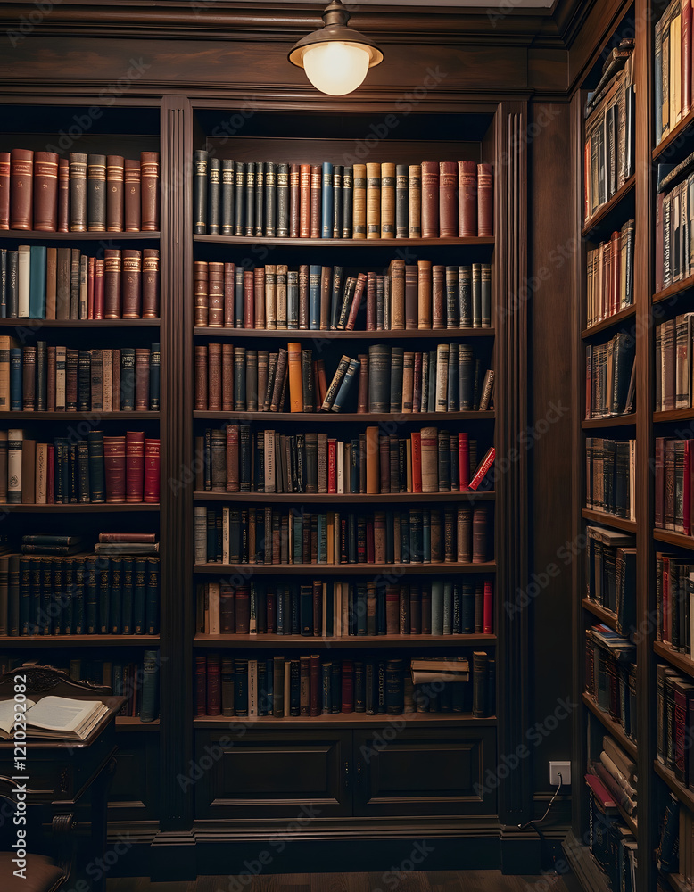 Classic wooden library with books. Education and study. Many books in an old vintage cabinet, studio lighting, with white tones Classic wooden library with books. Education and study. Many books in an old vintage cabinet, studio lighting, with white tones