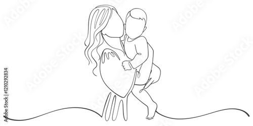 Mother carrying boy line art style vector illustration