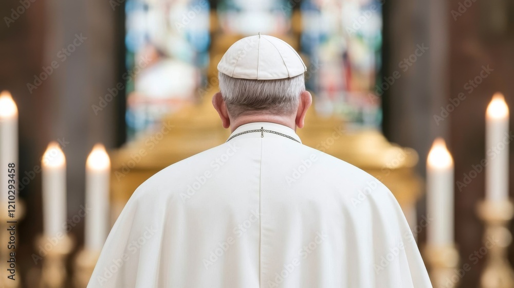 A back view of a religious leader in white robes, standing in a serene setting with candles and stained glass in the background. A back view of a religious leader in white robes, standing in a serene setting with candles and stained glass in the background.