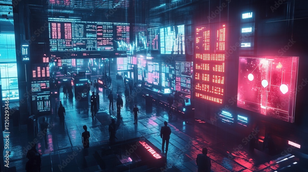 Digital stock exchange with virtual traders and floating holographic cryptocurrency values Digital stock exchange with virtual traders and floating holographic cryptocurrency values