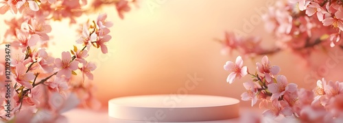A light, modern podium with empty space, set against a soft gradient background in shades of pink and orange for Mother's Day
