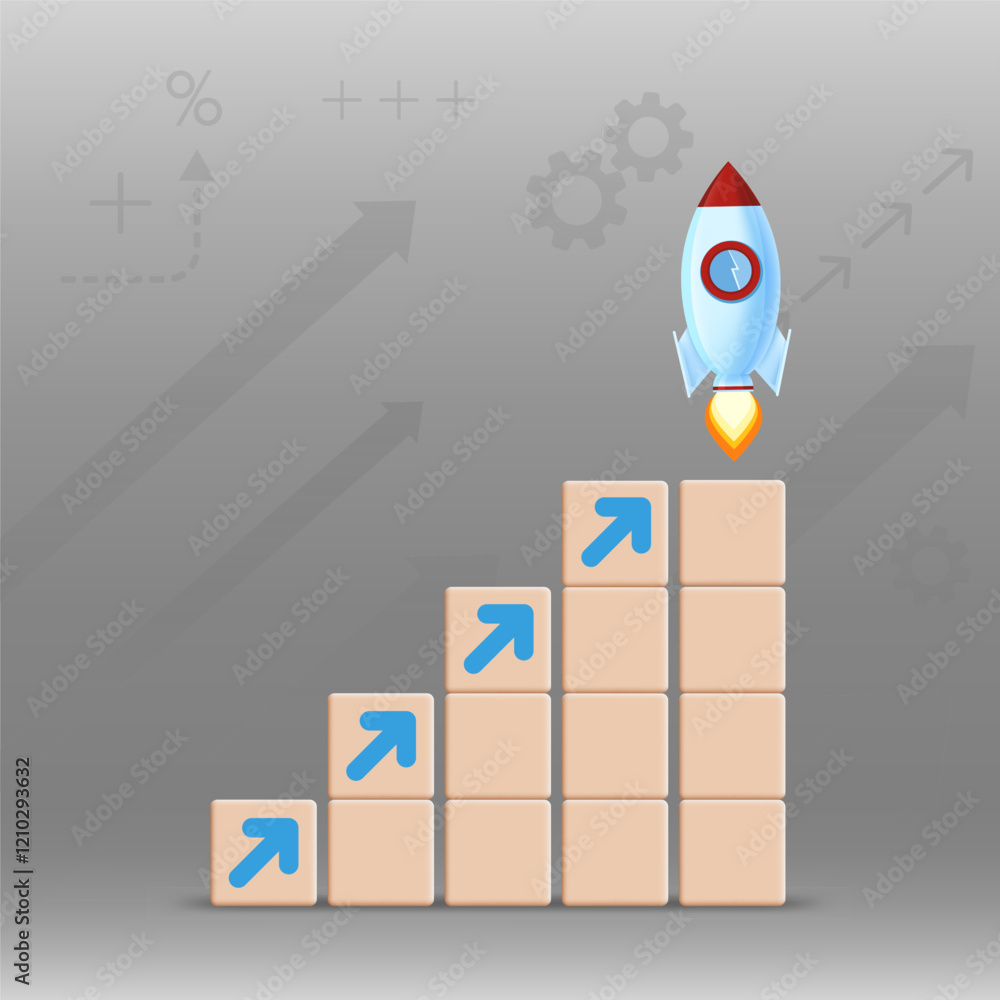 Growing success graph made of cubes with rocket taking off. Vector illustration Growing success graph made of cubes with rocket taking off. Vector illustration