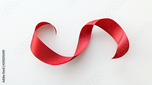 Minimalistic high-angle view of a red ribbon forming a loop on a pristine white background, symbolizing celebration or awareness.